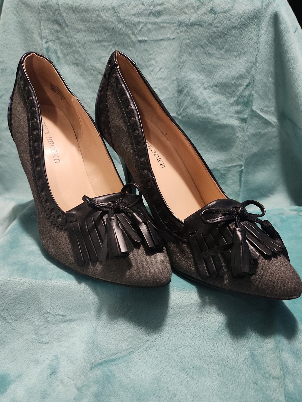 Audrey Brooke Gray Pointed Tassel Pumps with Black Trim